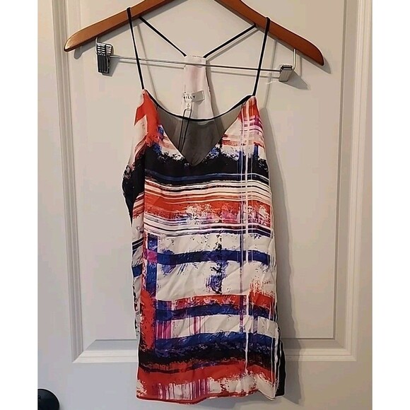 Milly 100% Silk Linear Print Sophia Tank Top Multi Color Size 6 Cami USA NWT - Picture 1 of 8